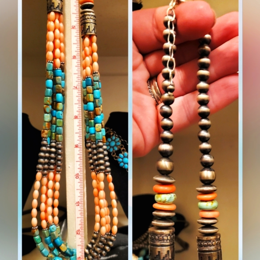 Mutli-strand angel coral, saucer pearls, and real turquoise. Genuine piece.